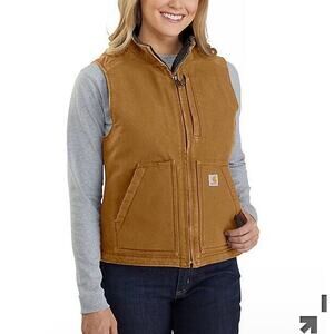 Carhartt Wmns Sz L Sandstone Washed Duck Canvas Sherpa Lined Full Zip Vest Tan